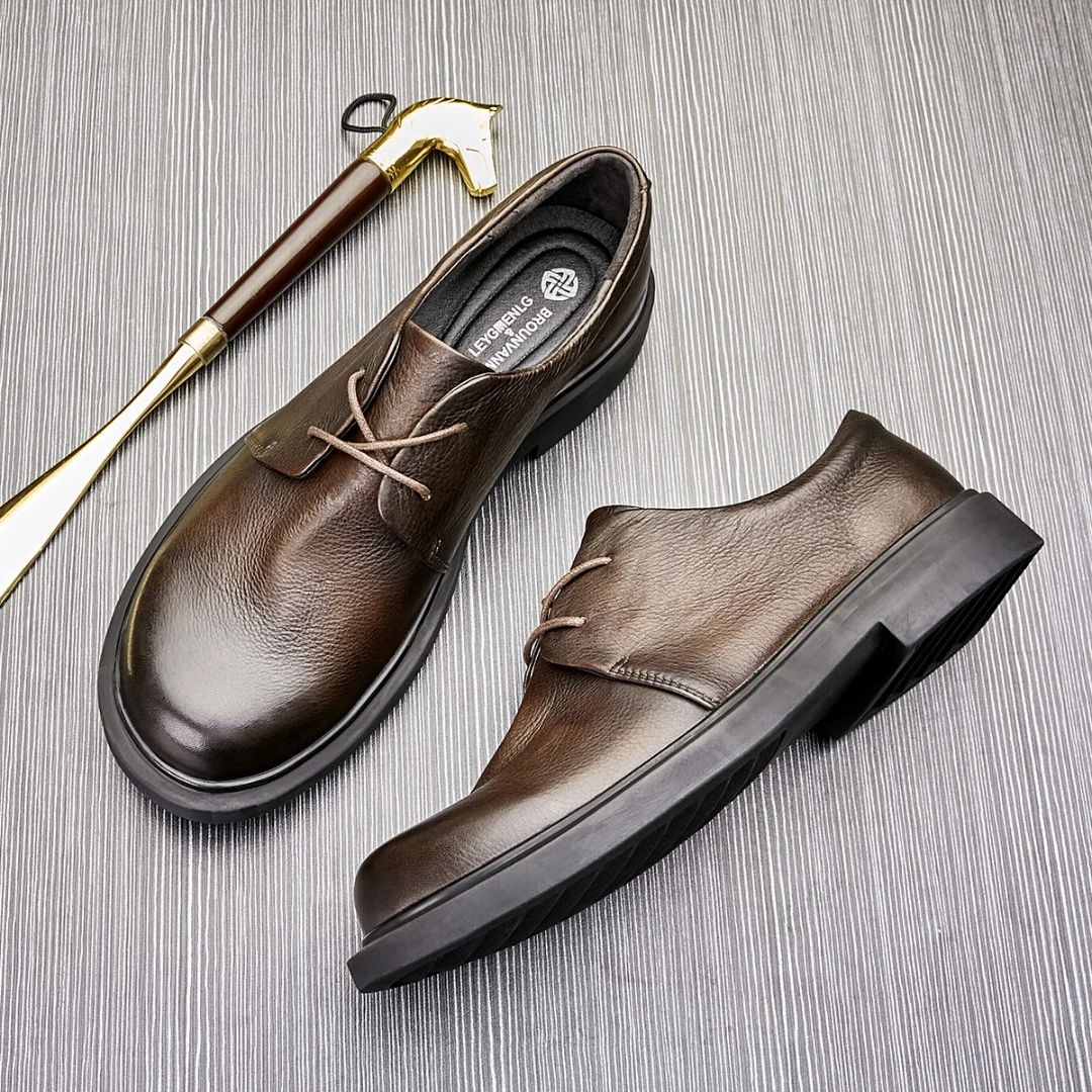 Brounvanm男士商务休闲皮鞋圆头真皮皮鞋时尚软底简约系带男鞋