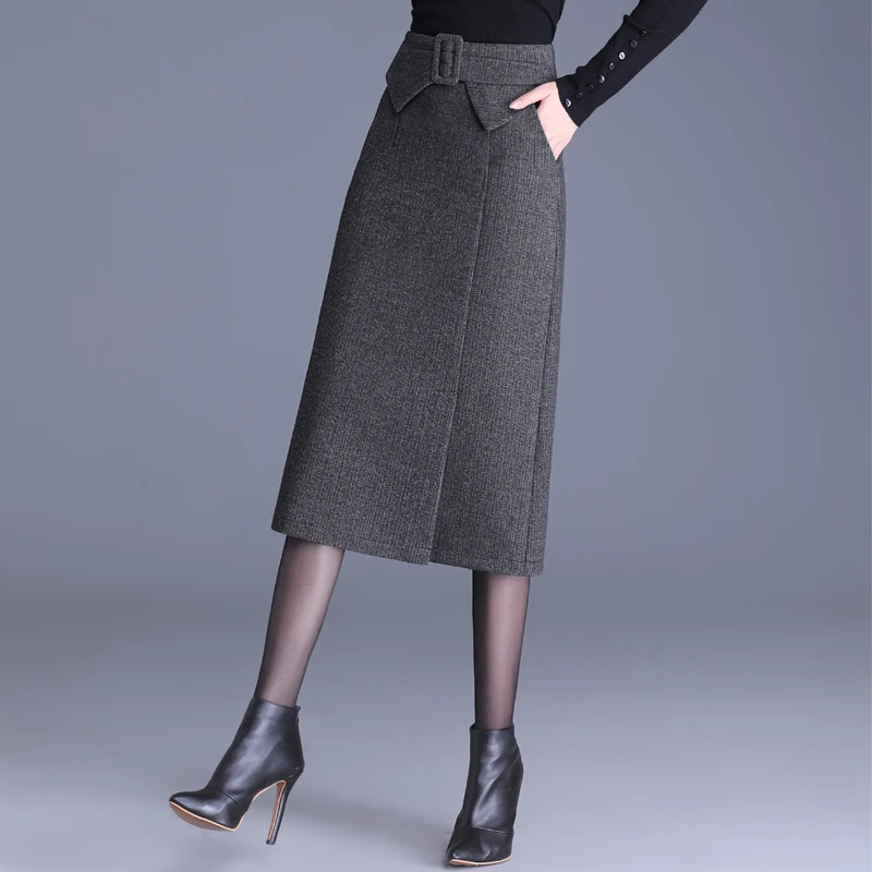 开叉一步裙包臀裙高档洋气秋冬工装裙时尚显瘦半身裙气质毛呢半裙