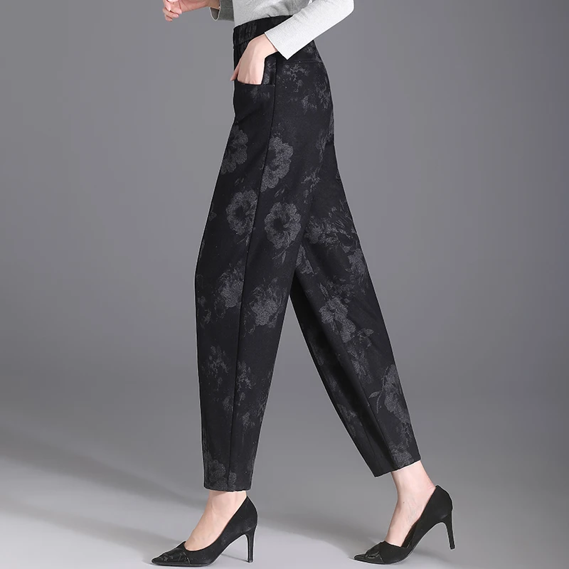 小个子复古印花哈伦裤时尚灯笼裤女裤子春秋松紧腰萝卜老爹九分裤