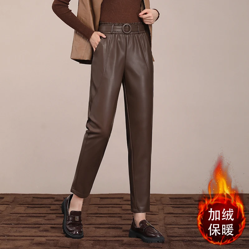 加绒加厚时尚哈伦裤PU皮裤萝卜女裤子秋冬小个子香蕉老爹九分裤