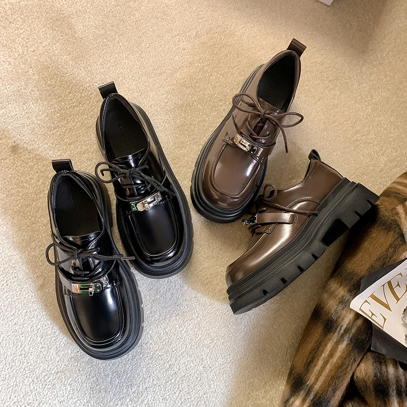 真皮厚底小皮鞋女2024春秋新款锁扣圆头松糕乐福单鞋