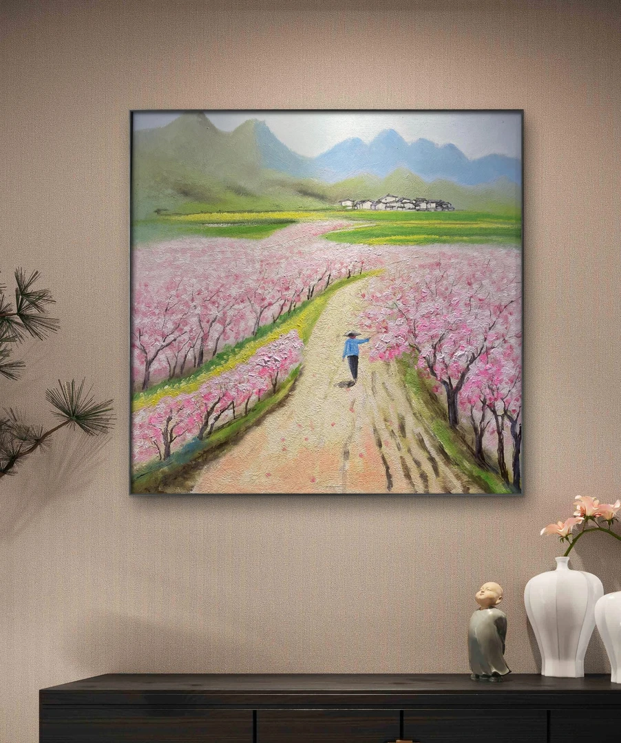 【桃花】纯手绘油画餐厅 沙发 书房简约轻奢艺术挂画系列色彩
