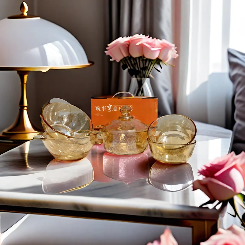 【新疆包邮】琥珀色玻璃五件套茶色餐具欧式带盖子玻璃煲双耳碗