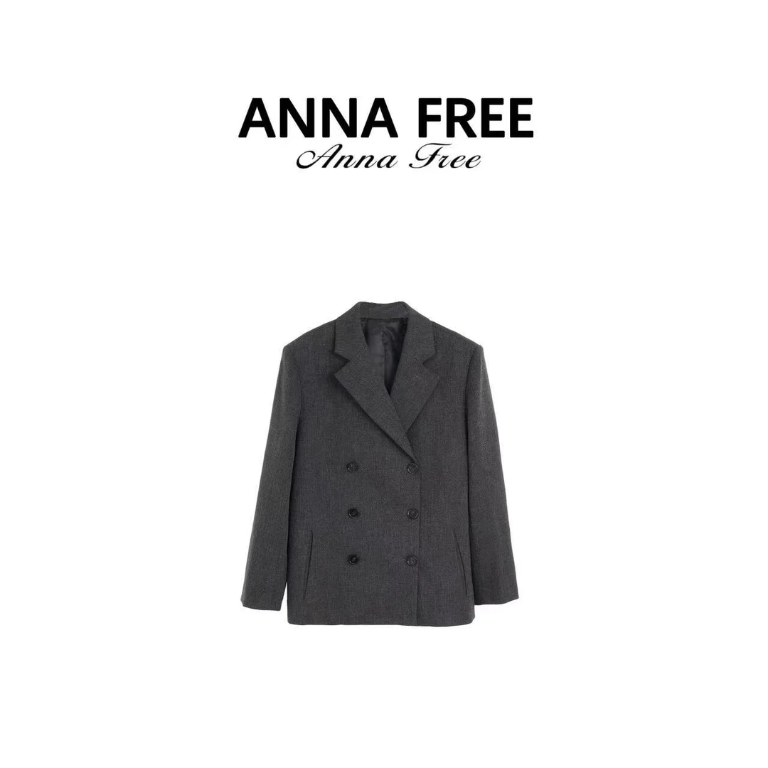 ANNA FREE【识愿】深灰色双排收腰垫肩通勤西装外套ZCE24528