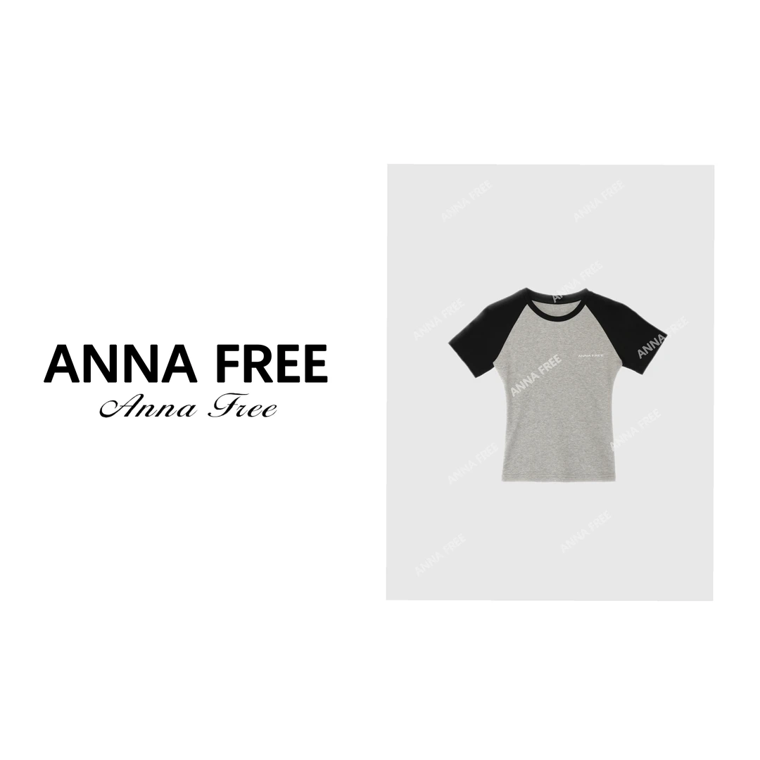 ANNA FREE 春夏黑灰修身T恤LOGO插肩短袖圆领24108