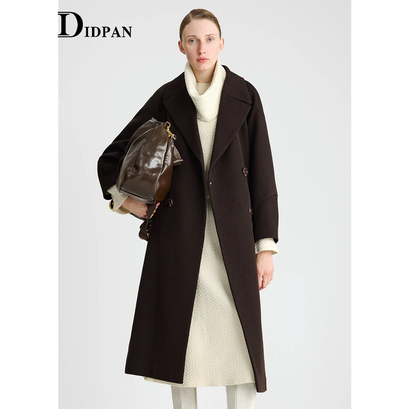 IDPAN气质休闲高级感时尚毛呢秋冬双面呢翻领长大衣2V4D65297