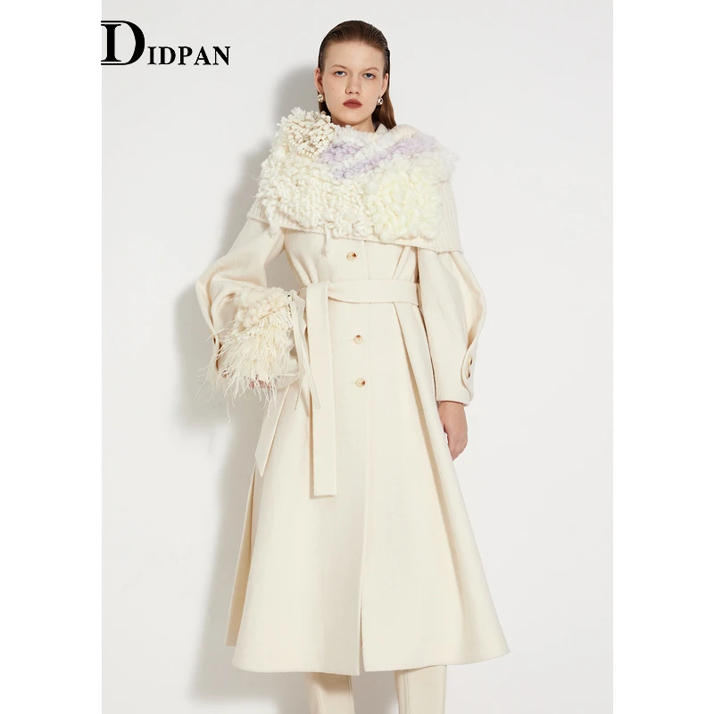 IDPAN气质白色时尚女士毛呢设计师秋冬冬季长大衣2E4D65118