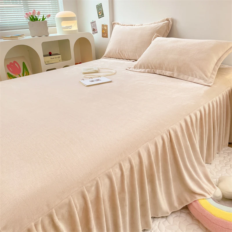 牛奶绒床裙单件加厚防滑珊瑚绒花边床罩冬季保暖床垫保护套床单