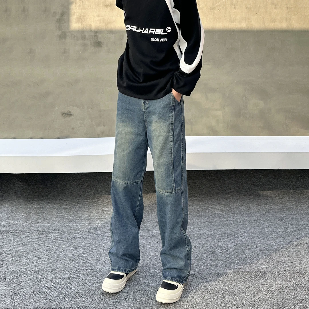 拼接拉链高街牛仔裤子男生美式痞帅直筒阔腿宽松潮牌vibe风长裤