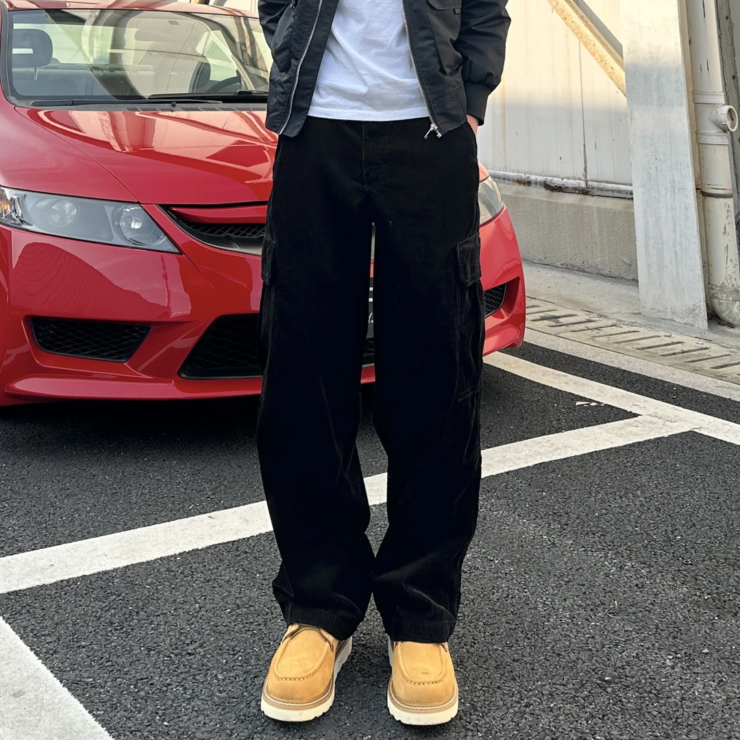 QUALCOMM秋冬新款大口袋直筒工装裤男款美式复古灯芯绒黑色休闲裤
