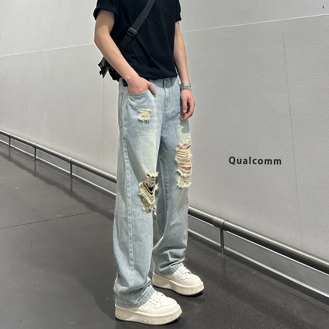 QUALCOMM潮流美式破洞牛仔裤男秋季新款高街ins男裤宽松直筒长裤