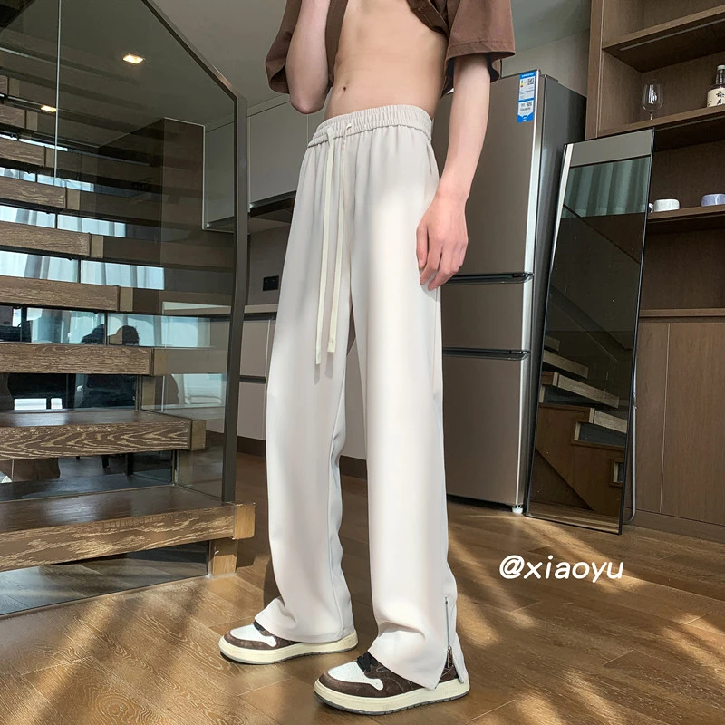 帅气垂感冰丝长裤男夏季休闲裤潮牌高街裤脚拉链微喇cleanfit西裤