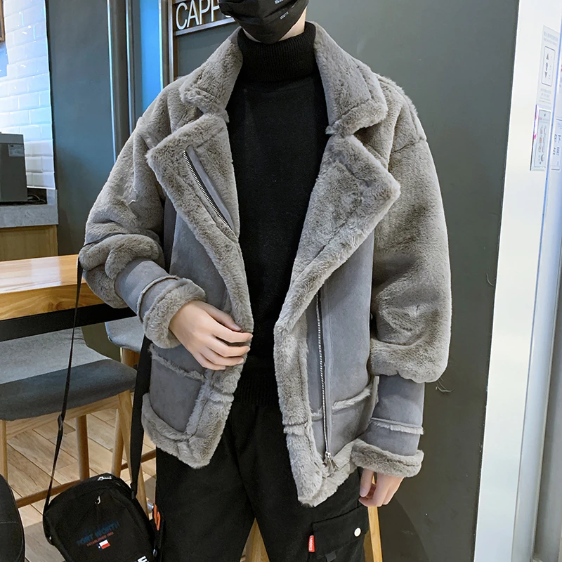 高级灰网红同款皮毛一体加厚外套男士潮牌棉服帅气冬季毛绒棉衣