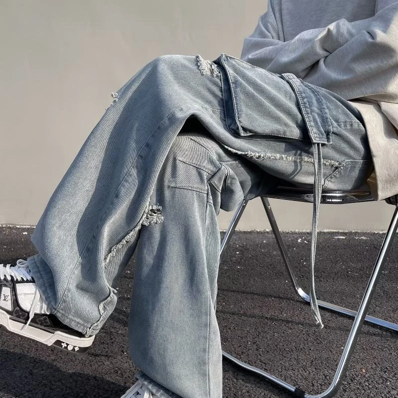 破洞工装牛仔裤男款美式复古高街裤子春秋潮流宽松毛边直筒工装裤