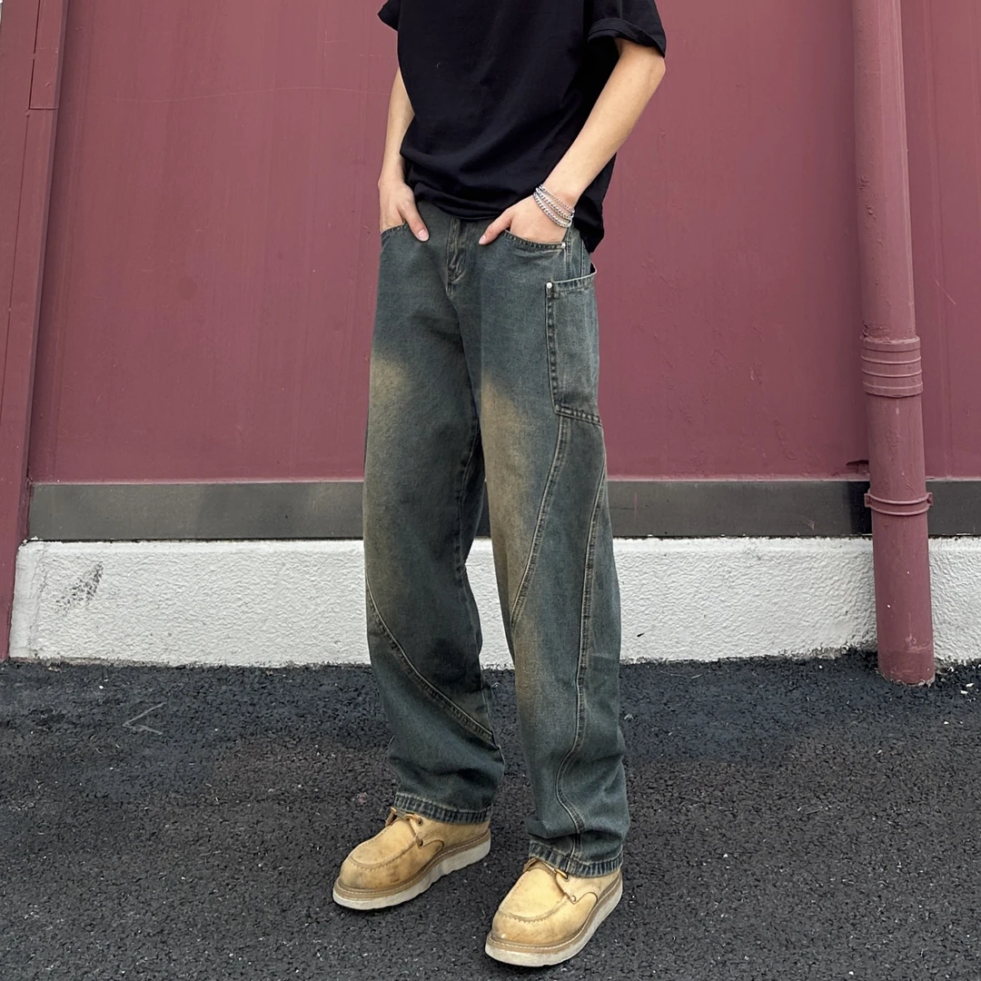 QUALCOMM潮流弯刀牛仔裤男2025秋季新款宽松阔腿裤美式复古长裤子