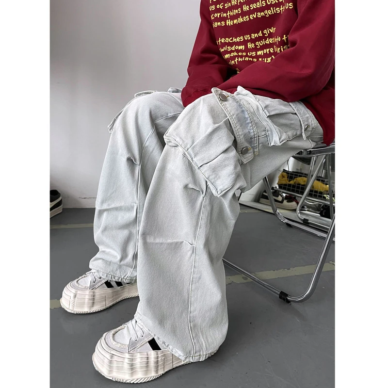 美式复古高街多口袋宽松直筒男生工装牛仔裤帅气潮流情侣款长裤子