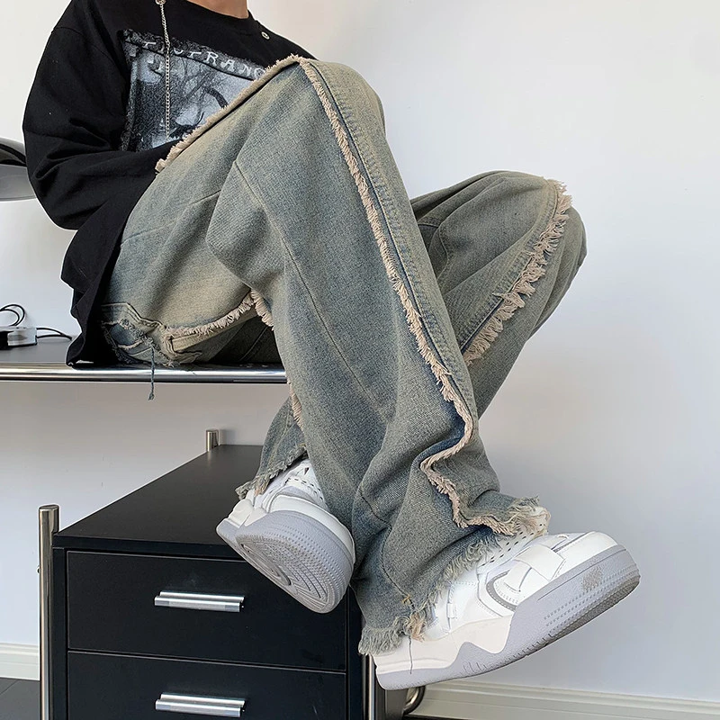 复古毛边牛仔裤男士春秋季潮牌美式vibe阔腿裤子高街痞帅拖地长裤