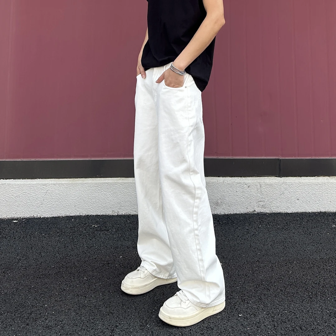 QUALCOMM秋季新款极简白色牛仔裤男女同款潮流百搭宽松直筒阔腿裤