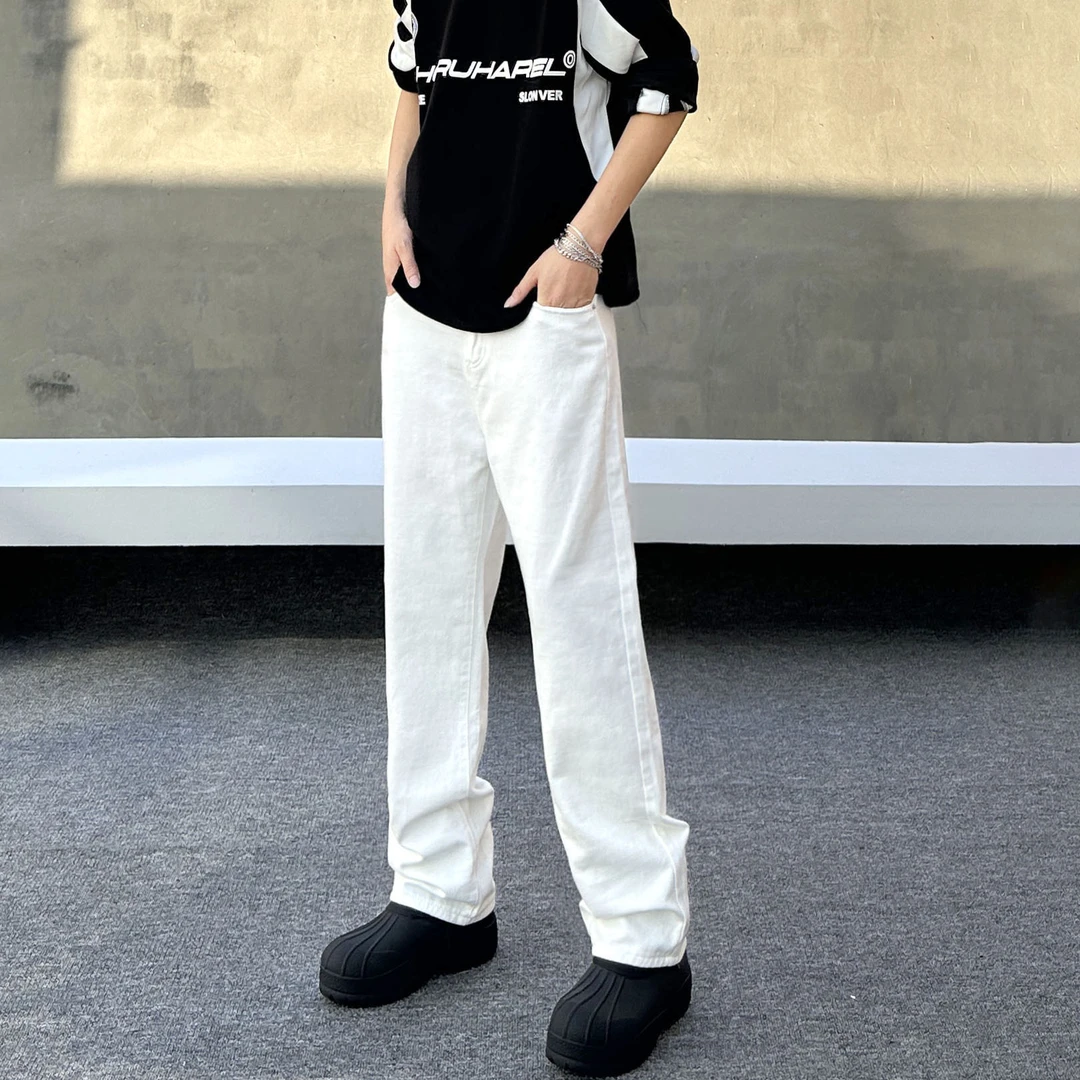 高品质重磅白色牛仔裤男秋冬加绒加厚直筒长裤宽松百搭韩系男裤子