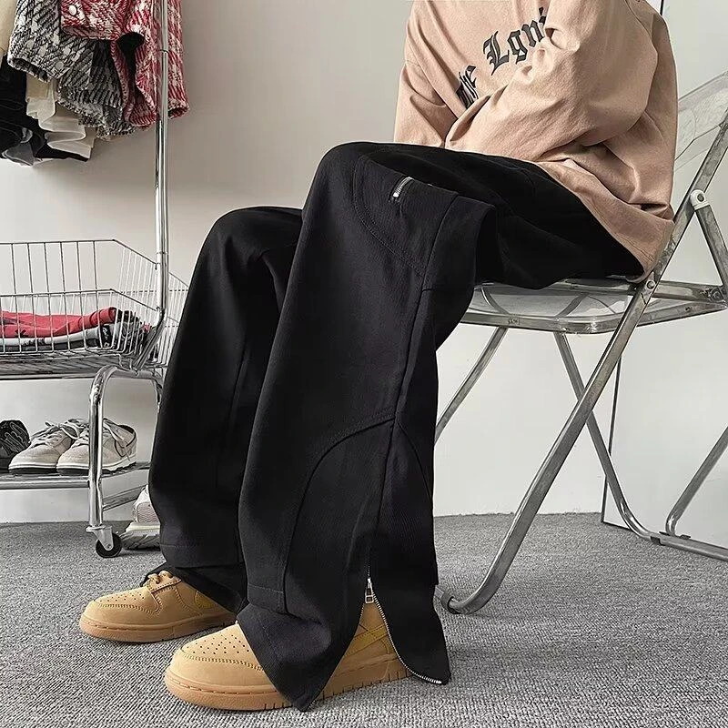 美式vibe牛仔裤男春装宽松直筒裤潮牌高街痞帅工装拉链开叉拖地裤