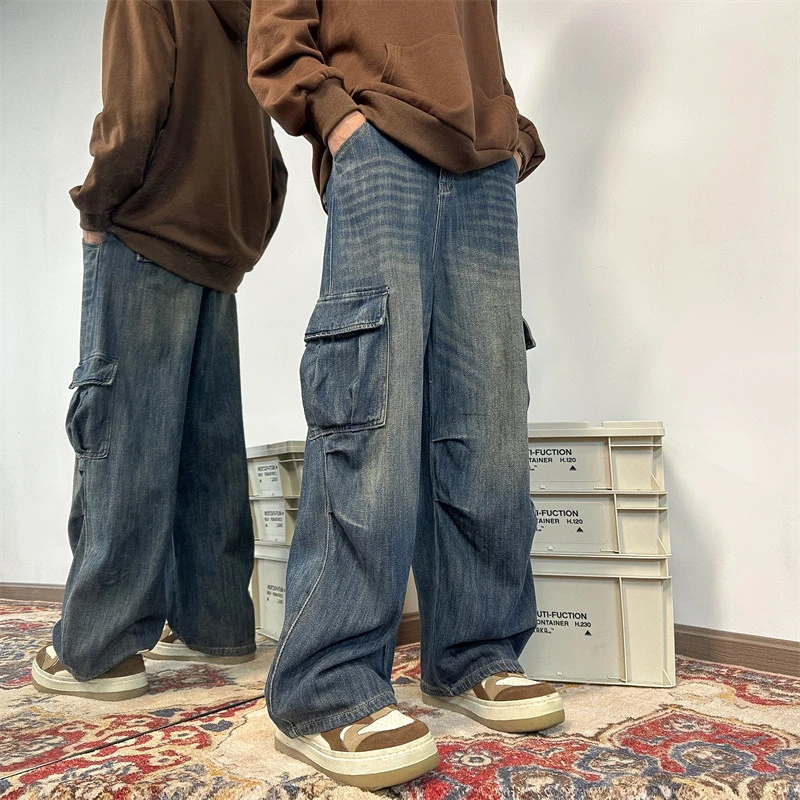 爆款潮牌男士工装降落伞休闲裤春秋男装痞帅复古牛仔直筒阔腿裤裤