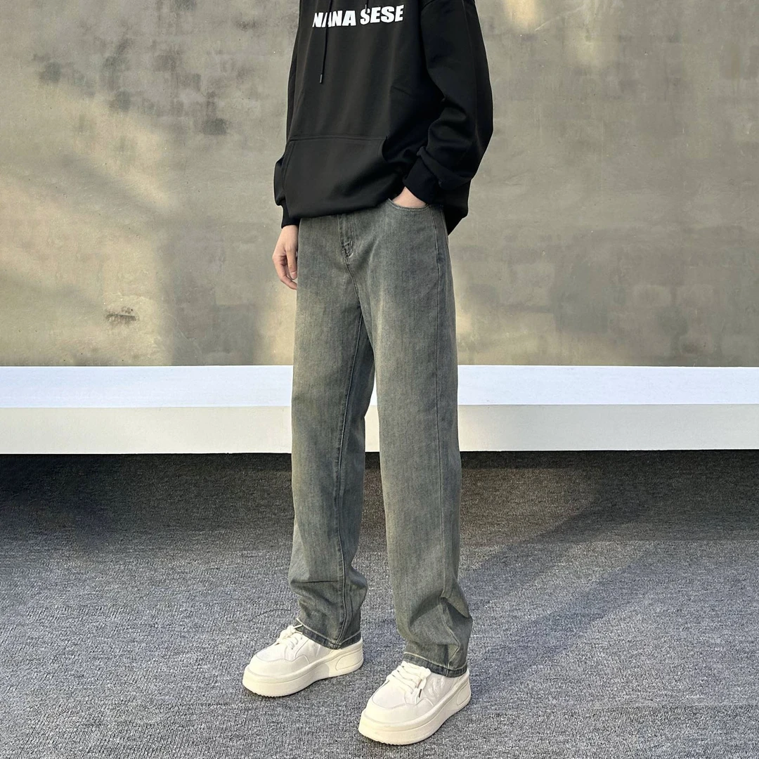 潮流简约复古蓝直筒牛仔裤男士新款高街ins男裤水洗做旧休闲长裤