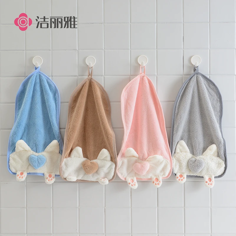 洁丽雅柯基挂式擦手巾柔软吸水可爱儿童手帕卡通卫生间厨房小毛巾