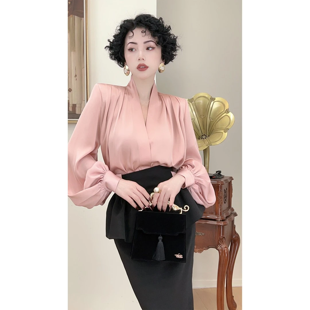 LYXJ【安纳西午后】春秋款叠立领轻奢上衣时尚春夏长袖衬衫10006