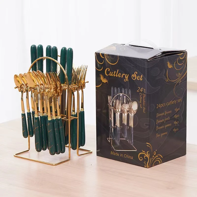 【新疆包邮】餐具创意不锈钢陶瓷西 餐北欧牛排勺子24件套颜色随机p