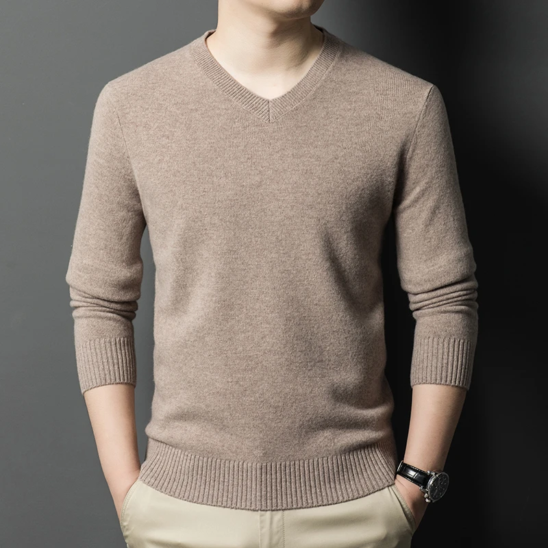 【专柜正品】100%针织男士加厚毛衣V领中年纯色爸爸打底衫毛衣