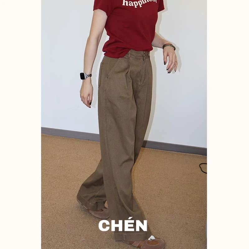 【生姜裤】晨总自制遮胯显瘦通勤直筒阔腿卡其色休闲拖地长裤女