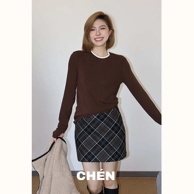 【仓鼠打底】晨总自制休闲通勤基础款撞色圆领长袖百搭打底T恤女