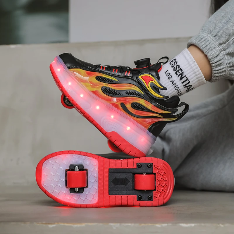 男童爆走鞋秋款网红小学生一键收缩儿童暴走鞋发光轮滑鞋双轮可收