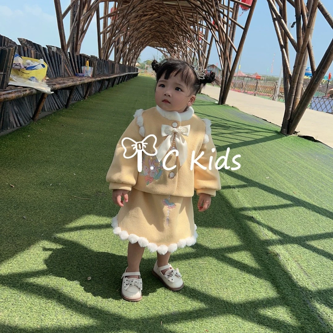 TC.KIDS#36100 品牌女童2022冬季新款加绒重工刺绣套装