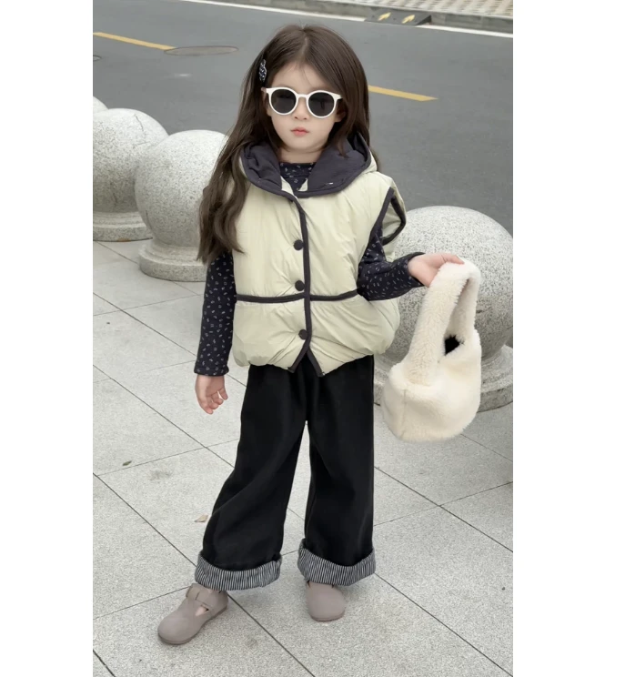 女童冬季新款棉服连帽马甲休闲女宝宝碎花加绒打底衫牛仔裤套装