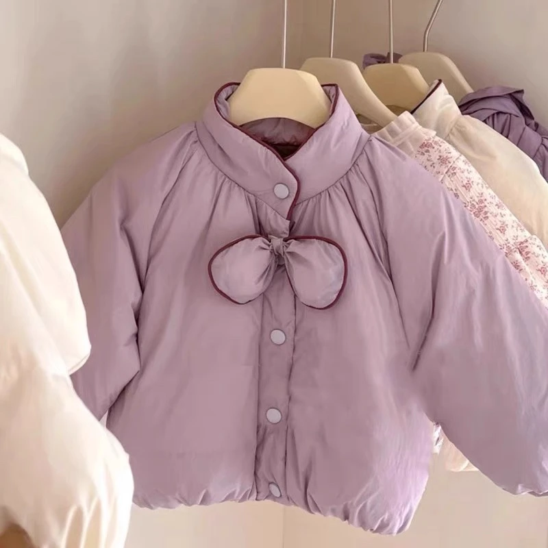 韩版童装女童羽绒棉服冬装2024新款洋气小女孩紫色蝴蝶结加厚棉衣