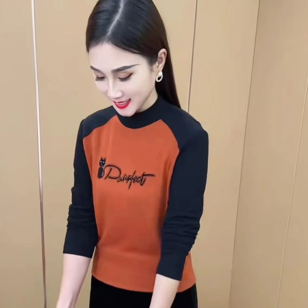 秋冬新款时尚双面绒精致半高领拼接烫钻气质显瘦长袖上衣