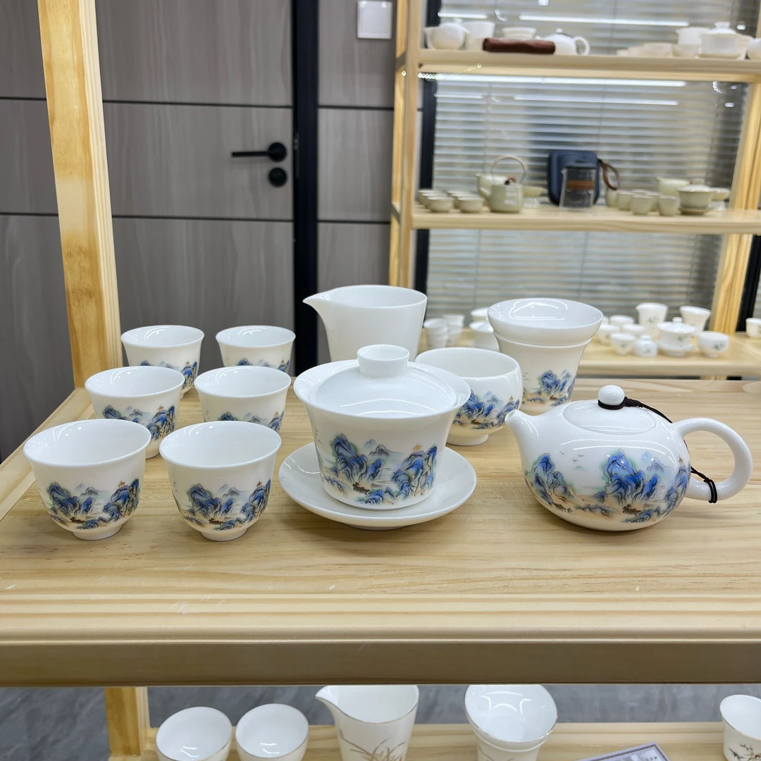 江山如画12件套 羊脂玉白瓷功夫茶具套装 安全泡沫包装