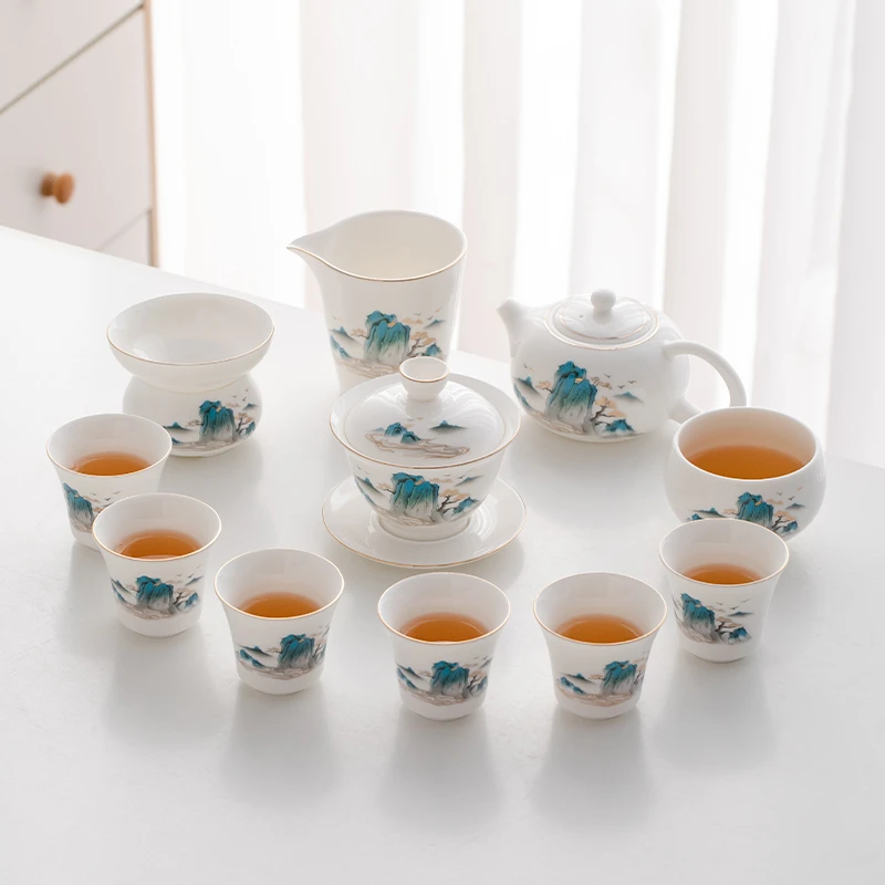 描金迎客山水羊脂玉白瓷功夫茶具套装家用办公茶壶茶杯盖碗整套