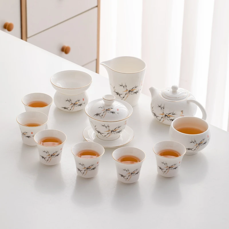 描金富竹羊脂玉白瓷功夫茶具套装高档家用办公茶壶茶杯盖碗整套