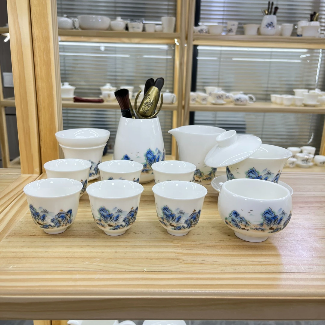 江山如画悬停盖碗11件套+六君子 羊脂玉白瓷功夫茶具安全泡沫包装