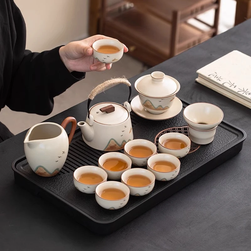 米黄汝窑茶具套装轻奢高档家用陶瓷茶壶盖碗功夫茶杯茶盘2025新款