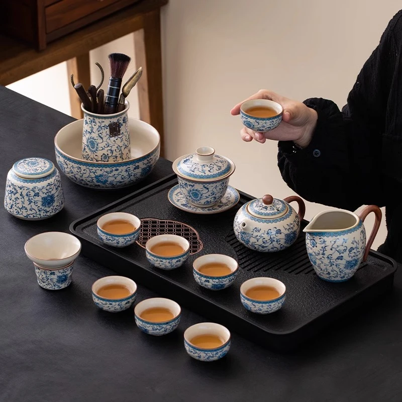 青花汝窑功夫茶具套装整套家用茶壶高档盖碗泡茶办公陶瓷茶杯茶盘