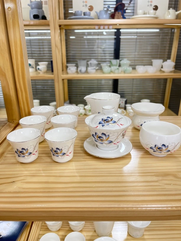 描金荷塘月色11件 白瓷功夫茶具套装 安全包装