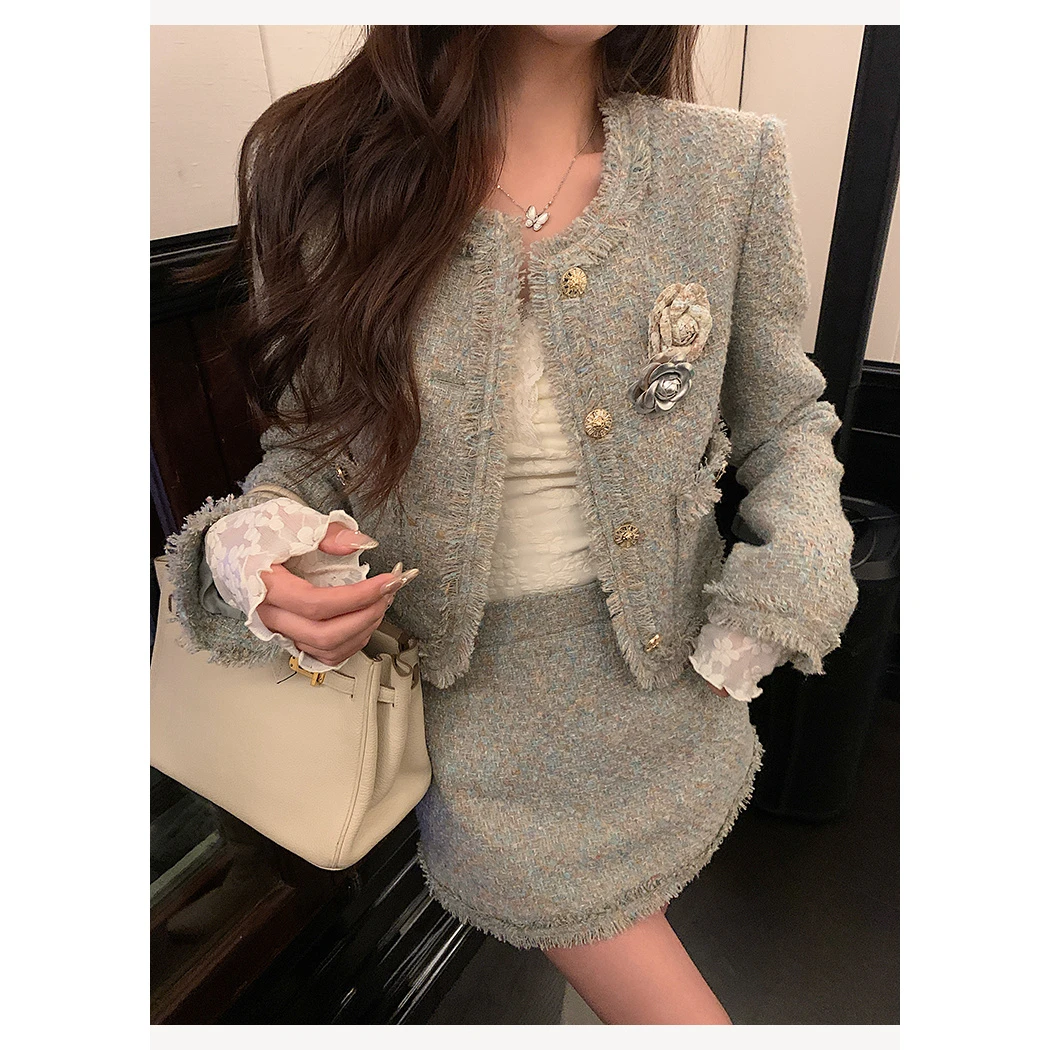 2024优雅气质小香风套装女秋冬新款高级感修身时尚外套小短裙