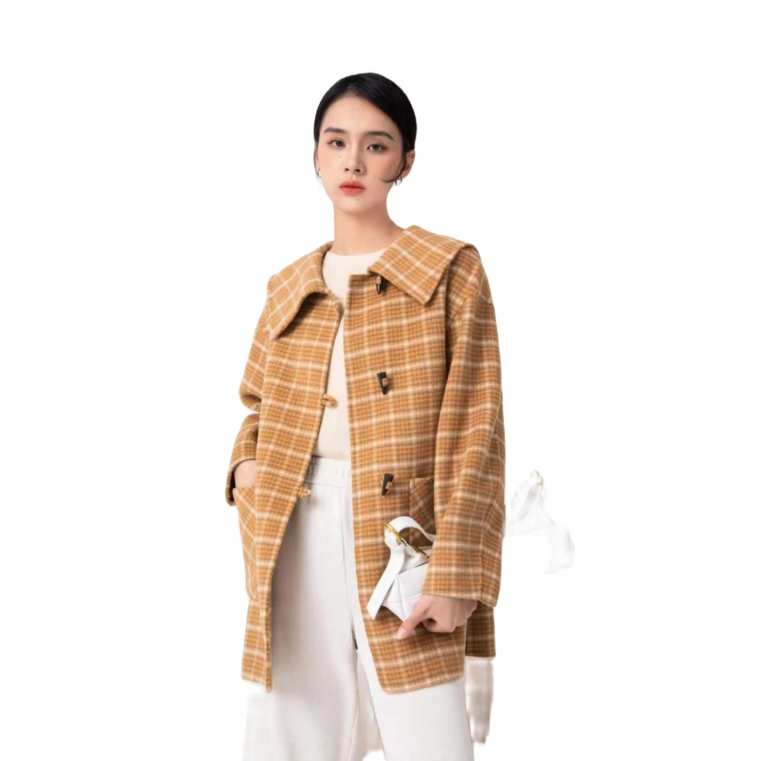 秋季简约娃娃领格子双面毛呢大衣气质时尚