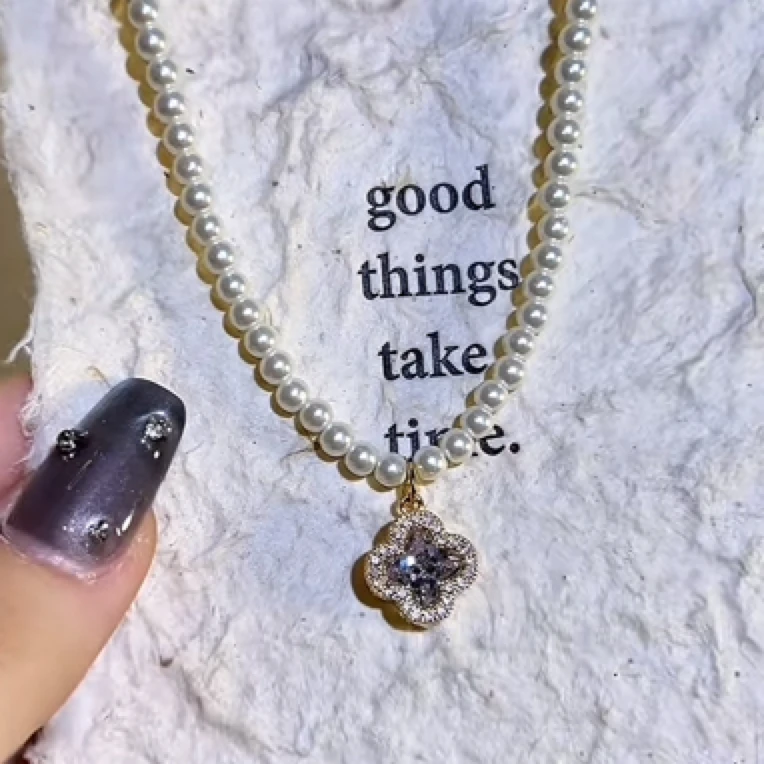 铜合金项链 四叶花珠珠项链