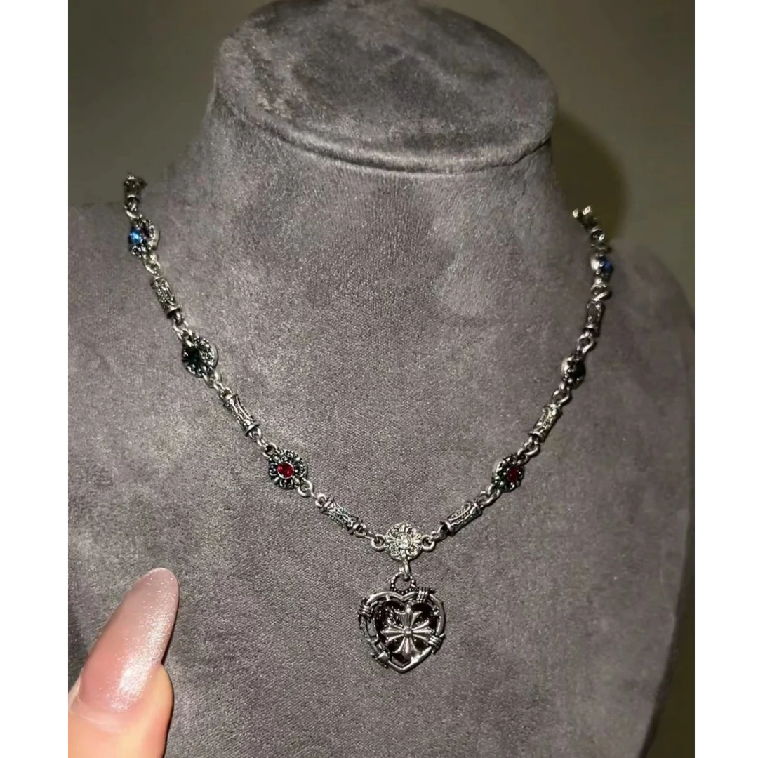 铜合金项链 1003爱心克克手工黑色编织小众轻奢坠链设计感暗黑