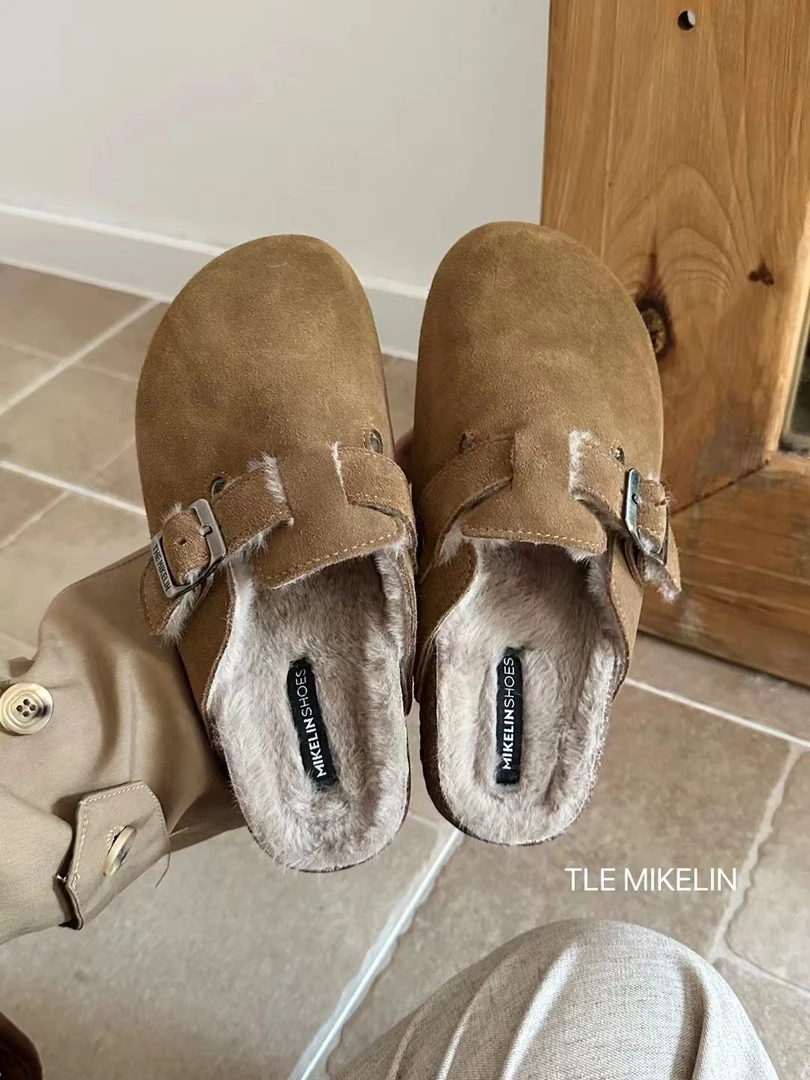 高级细腻毛毛厚底勃肯鞋女鞋皮带扣绒面圆头包头拖鞋639-1