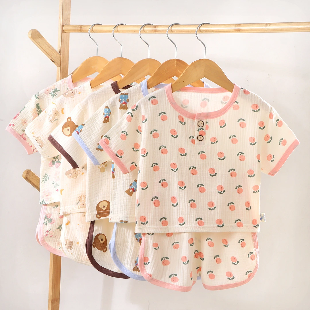 新款儿童双层纱布短裤短袖睡衣 夏季男女宝宝薄款纯棉家居服套装